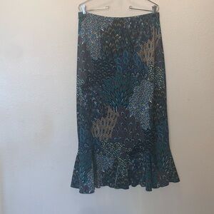 Miss Ashley Peacock Print Ruffle Bottom Stretchy Maxi Office Skirt